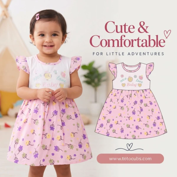 Baby girl wearing the Pink flutter sleeve embroidered frock