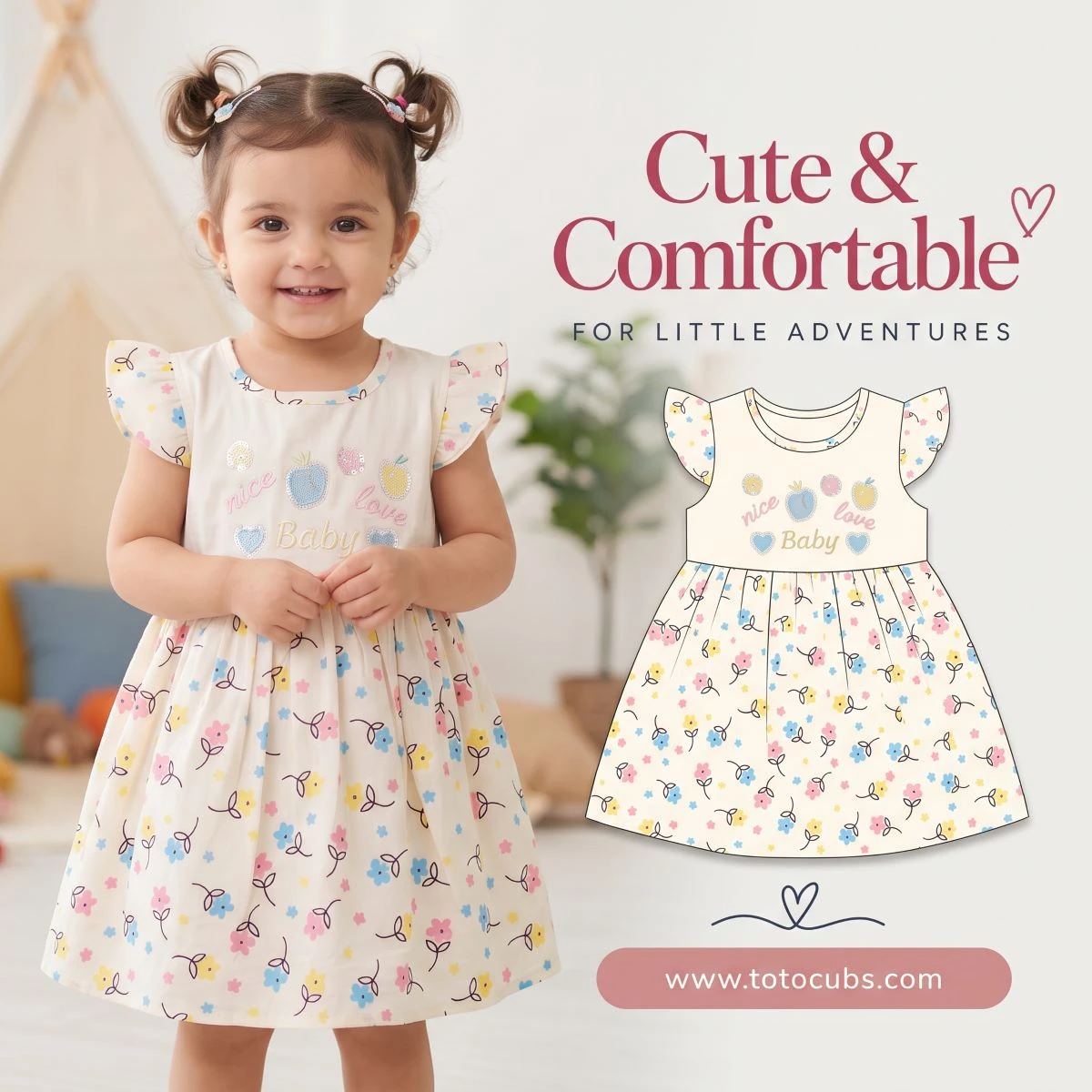 Baby girl wearing the Cream flutter sleeve embroidered frock