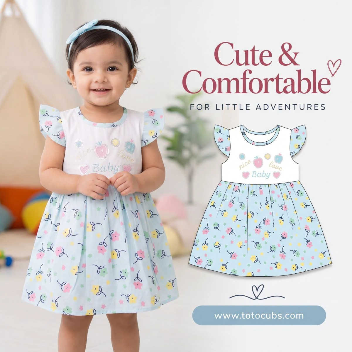 Baby girl wearing the Sky blue flutter sleeve embroidered frock